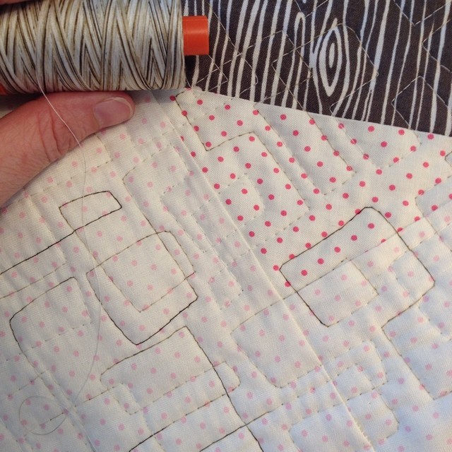 Starting a wee bit of quilting to make sure my plan works. Pipe Maze design from Leah Day + variegated #aurifil add just the touch of weird pretty I was seeking. Next week, this pup gets quilted!