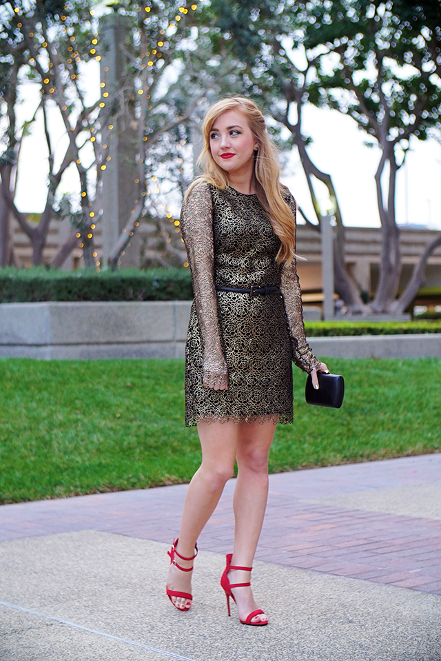 gold black and red holiday party outfit