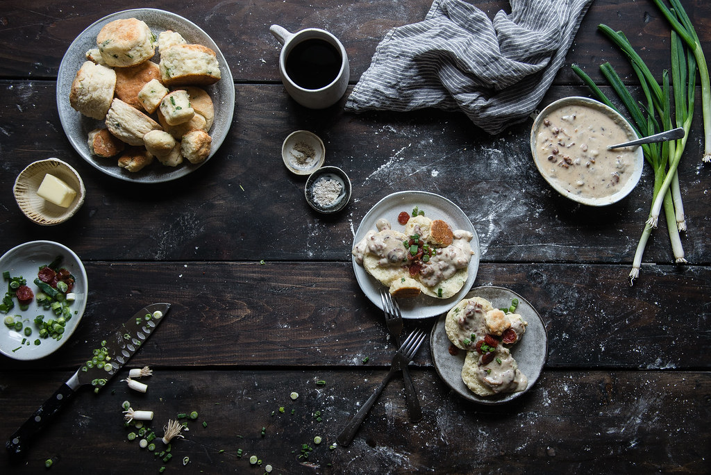 scallion biscuits & lap cheong gravy | two red bowls