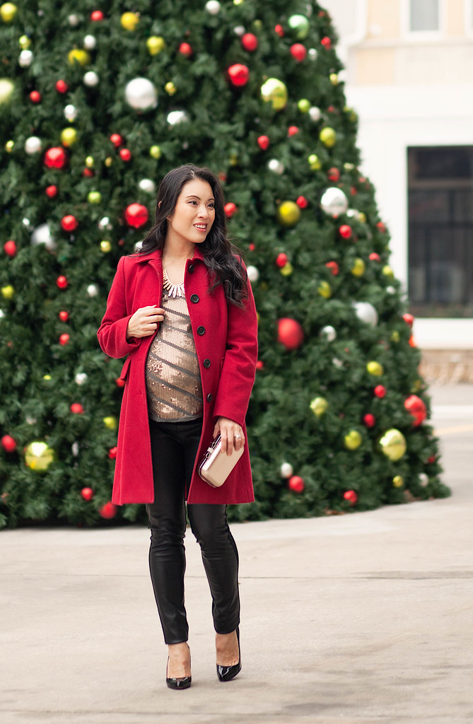 cute & little blog | petite fashion maternity | red wool coat, leather ponte pants, louboutin decollete pumps | holiday sequins festive nye outfit