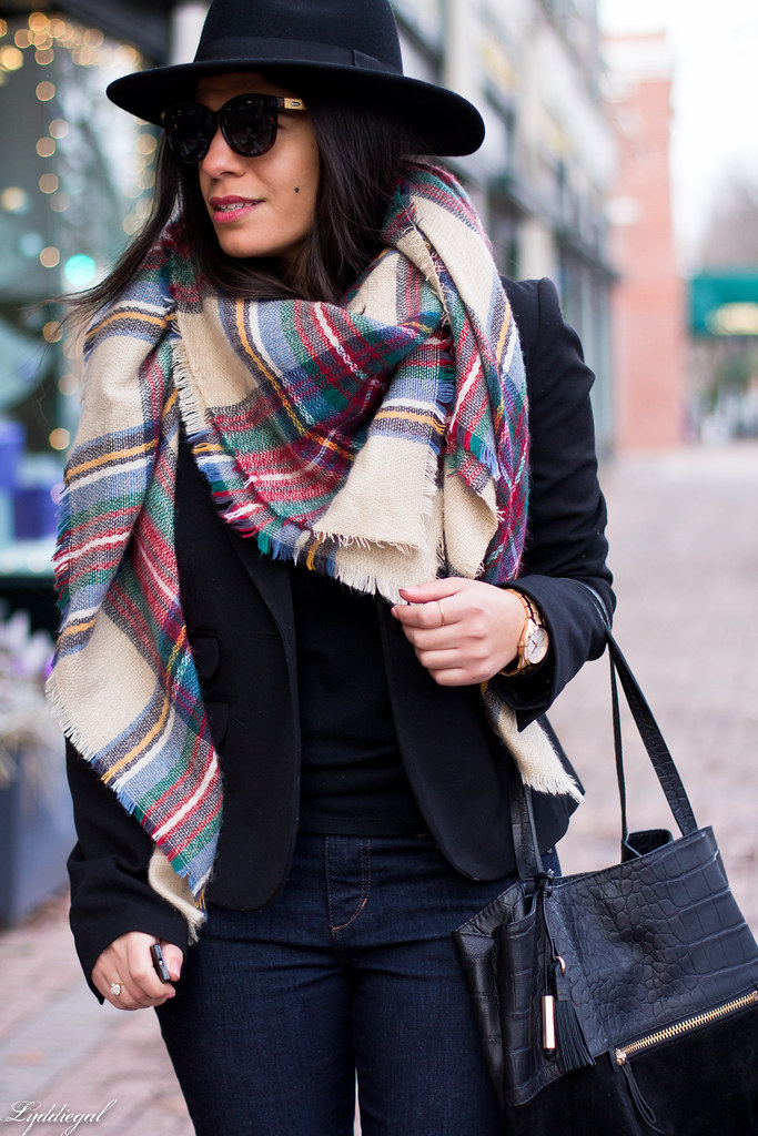blazer, denim, plaid blanket scarf, hat-3.jpg