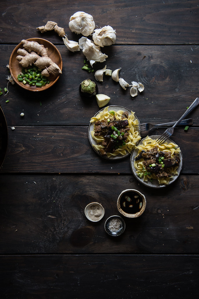 eggplant with spicy garlic sauce & ground pork | two red bowls x @kitchendaily & @noyolkspasta #onlynoyolks