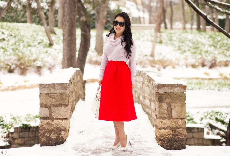 cute & little blog | petite fashion | pink cowl sweater, sheinside red paid midi, white pumps, white bag | winter outfit