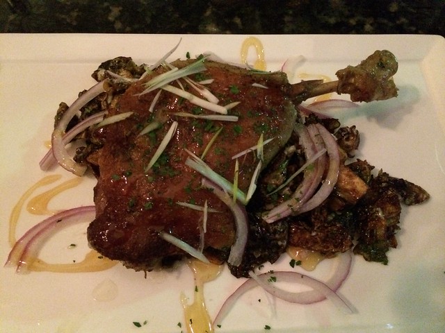 duck leg confit with caramelized brussel sprouts, truffle aioli, and apple cider gastrique