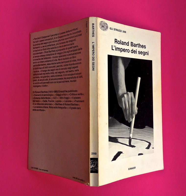 Roland Barthes, L'impero dei segni. Einaudi 1984. Quarta di copertina, dorso, cop. (part.), 1