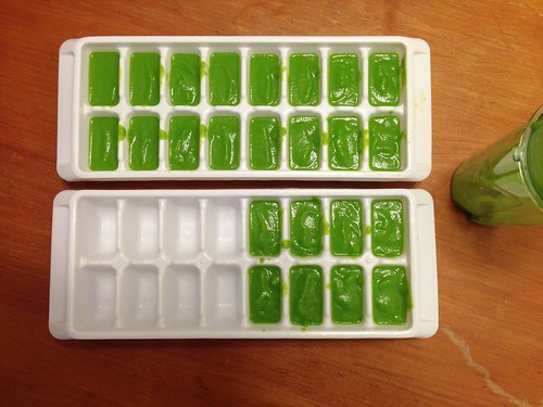 Homemade baby food peas in ice cube trays