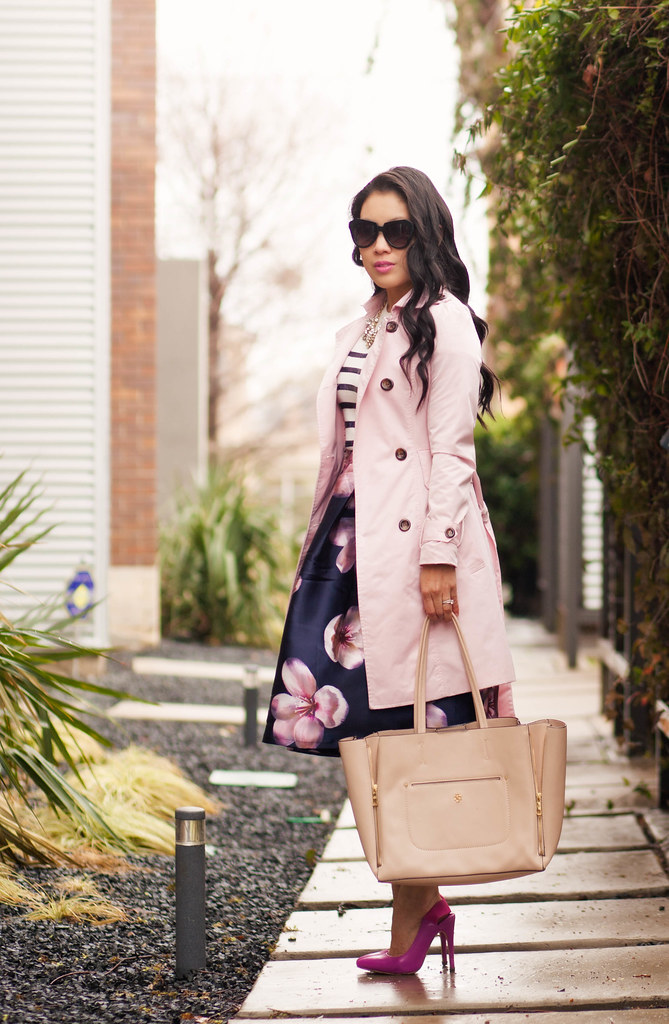 cute & little blog | petite fashion | pink trench, navy sequin stripes sweater, navy pink floral midi skirt, fuchsia pink pumps | spring outfit