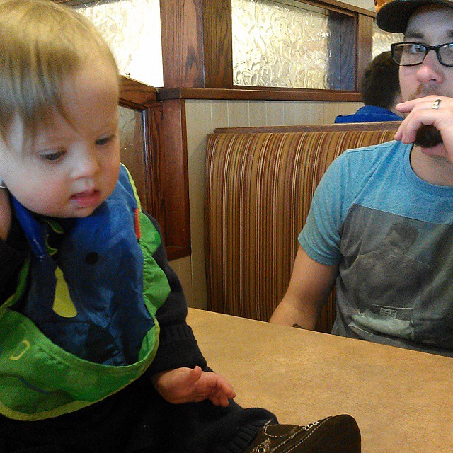 On a breakfast/Christmas shopping date with the husband. And  one kid.