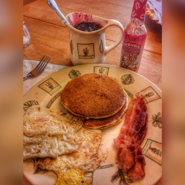 I was #Spoiled by Heather for breakfast this morning. Gluten free pancakes, homemade blueberry sauce, eggs, and bacon