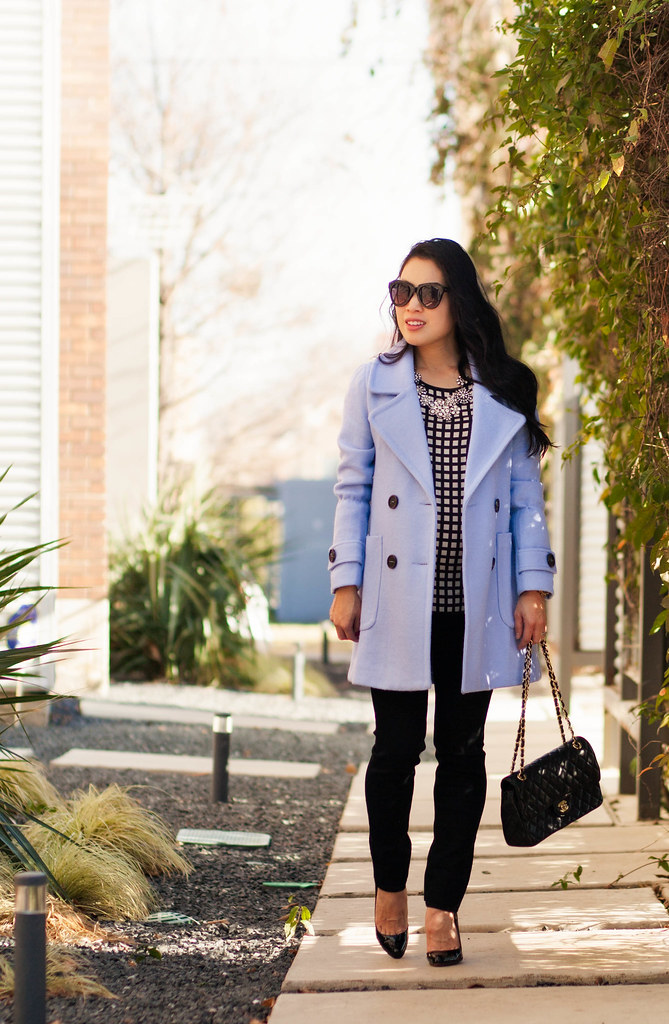 cute & little blog | petite fashion maternity | oasap pastel blue wool coat, black white windowpane checkered blouse, crystal cluster statement necklace, chanel flap purse | fall outfit
