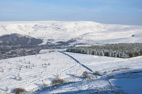 winter england snow sunshine landscape town view derbyshire hills moors glossop highpeak