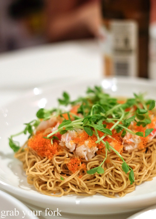 Lo mein noodles with snow crab, tobiko and shellfish oil at Work in Progress by Patrick Friesen for March into Merivale 2015