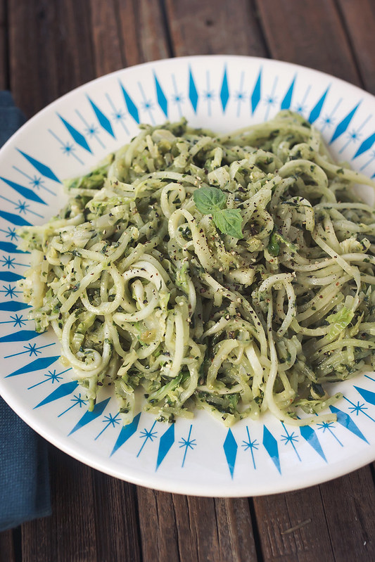 Pesto Turnip Noodles with Brussels Sprouts