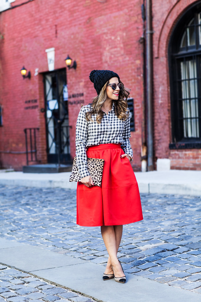 Express red skirt plaid shirt Banana republic clare vivier leopard clutch piperlime kurt geiger Sharkie heels lord and taylor what to wear during the holiday season fashion blogger full red skirt Nordstrom sunglasses