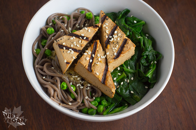 Grilled Tofu Soba Noodle Bowl with Greens