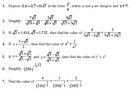 Class 9 Important Questions for Maths - Number Systems