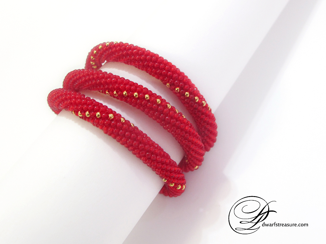 Amazing red wrapped seed bead crochet bracelet
