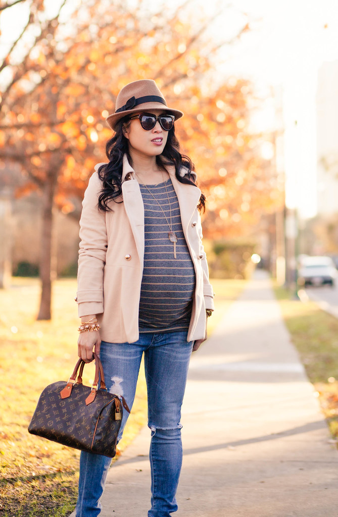 cute & little blog | petite fashion maternity | beige double-breasted peplum coat, gray gray stripes, brown wool fedora, speedy 25 | fall winter outfit