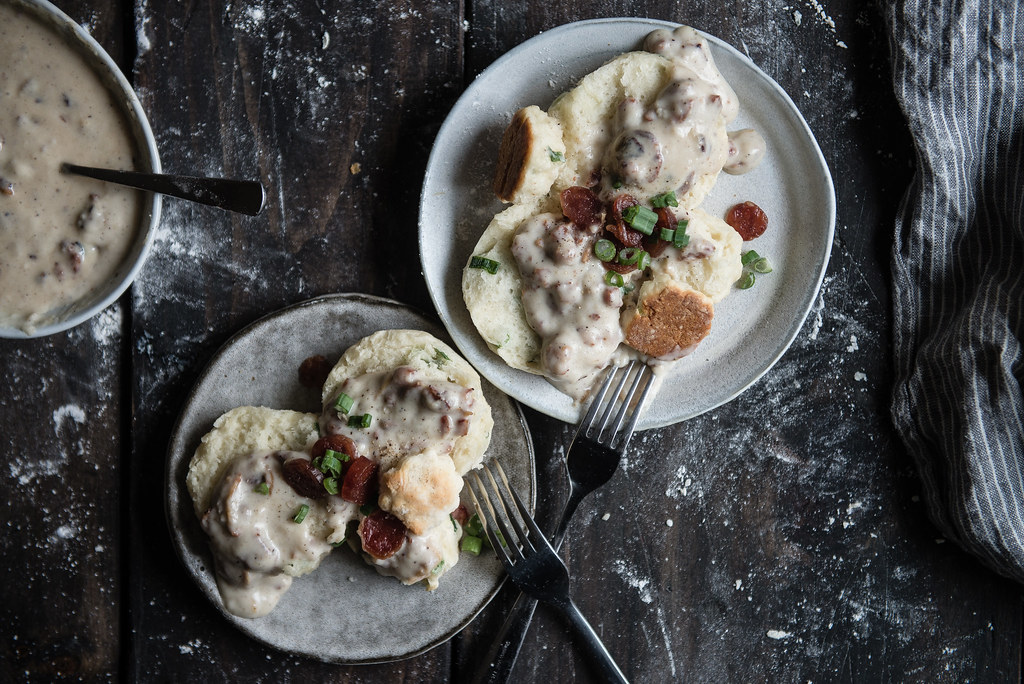 scallion biscuits & lap cheong gravy | two red bowls
