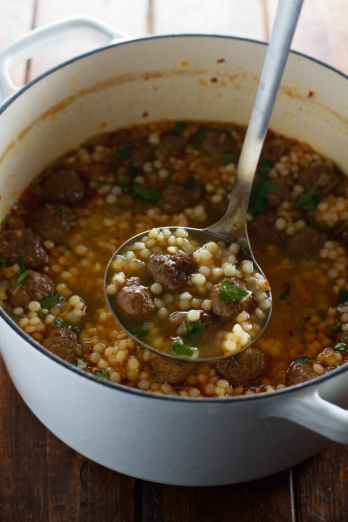 Moroccan Meatball and Couscous Soup - Loaded with tiny meatballs and pearl couscous, this soup is so flavorful! #meatball #meatballsoup #moroccan #couscous | Littlespicejar.com
