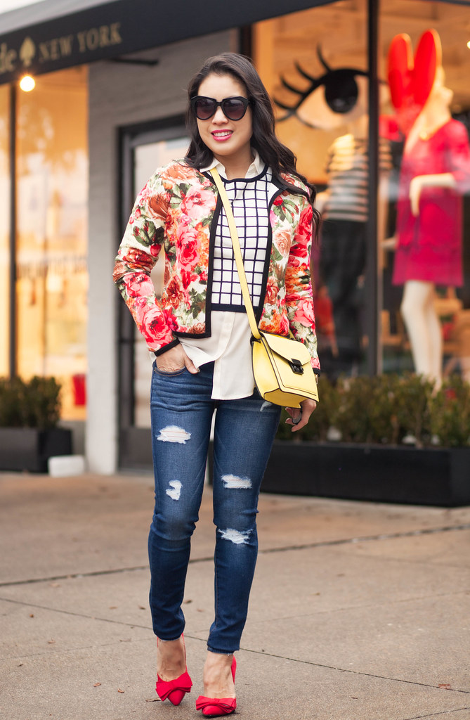cute & little blog | petite fashion | floral jacket, windowpane grid crop top, ae distressed skinny jegging, red bow pumps, yellow crossbody bag | spring outfit