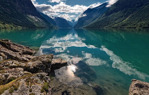 travel blue light summer sky panorama lake mountains color reflection green nature water weather norway stone backlight clouds landscape nikon outdoor hiking wideangle adventure fjord lordoftherings nikkor ultrawide hdr tolkien d800 rivendell bruchtal 1635mmf4
