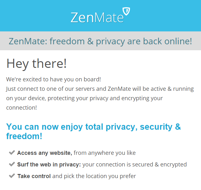 代表成功註冊 ZenMate VPN 服務的電子郵件