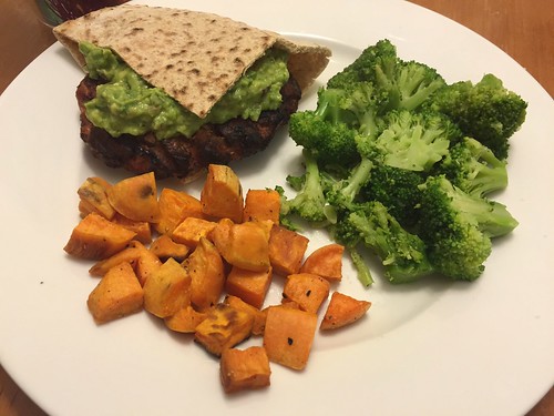 jalapeno cheddar turkey burger, sweet potatoes, broccoli