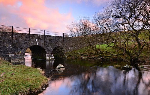 bridge sunset england reflection tree water beauty grass stone river afternoon arches devon picturesque railings dartmoor walkham rnbwalkham