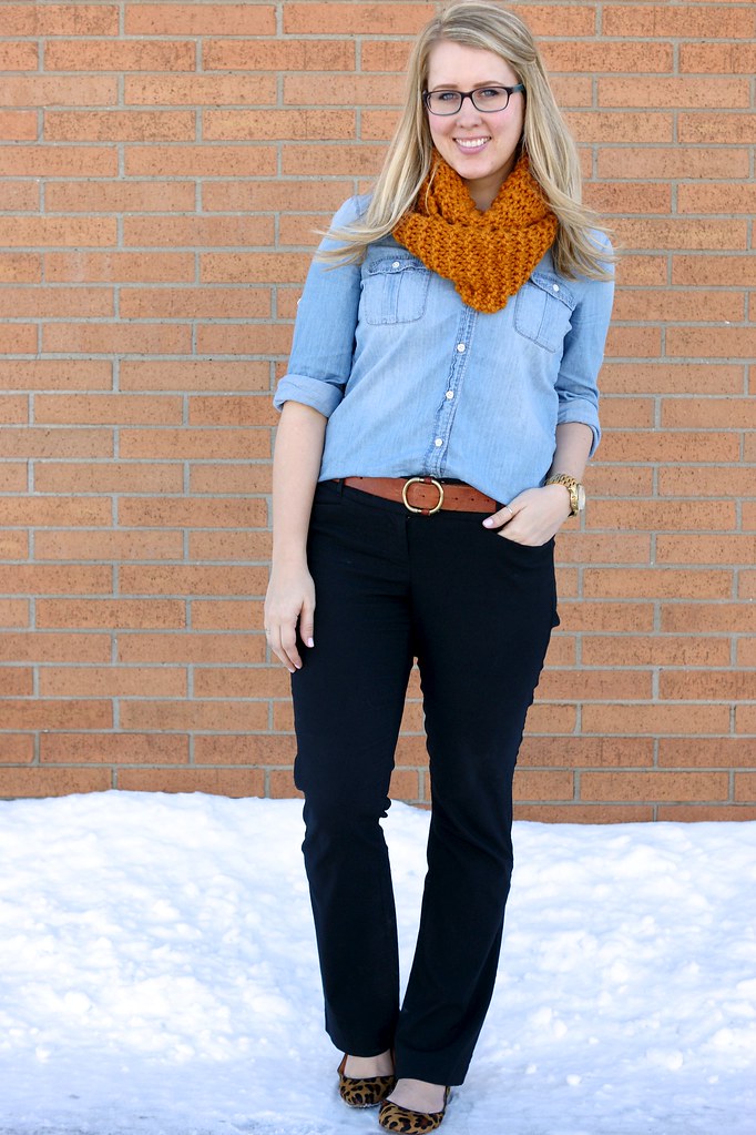 chambray shirt with yellow scarf and leopard flats