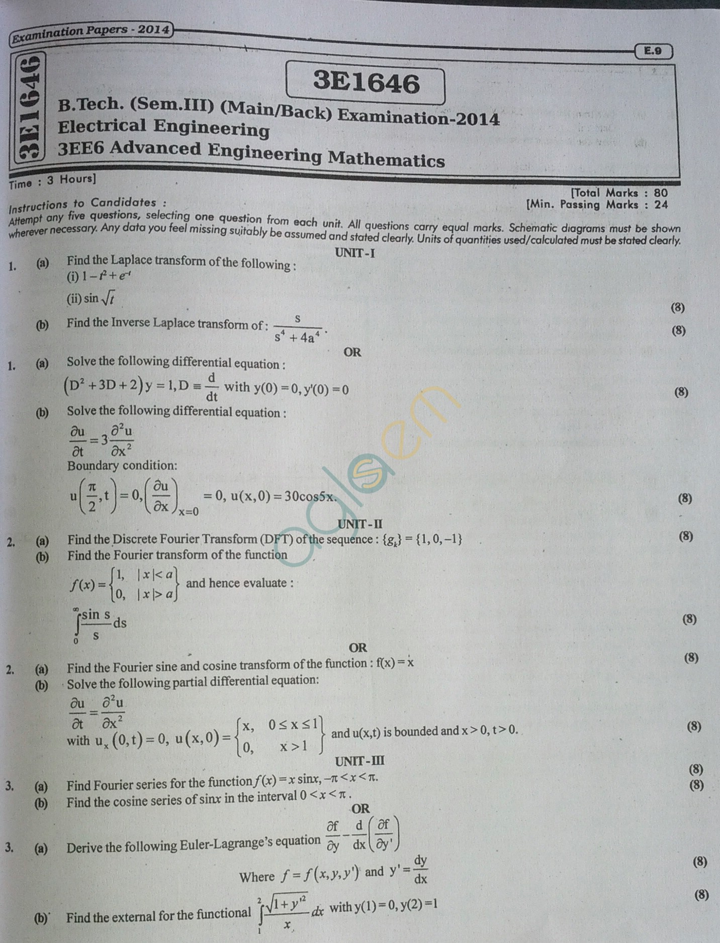 RTU: Question Papers 2014 - 3 Semester - EE - 3E1646