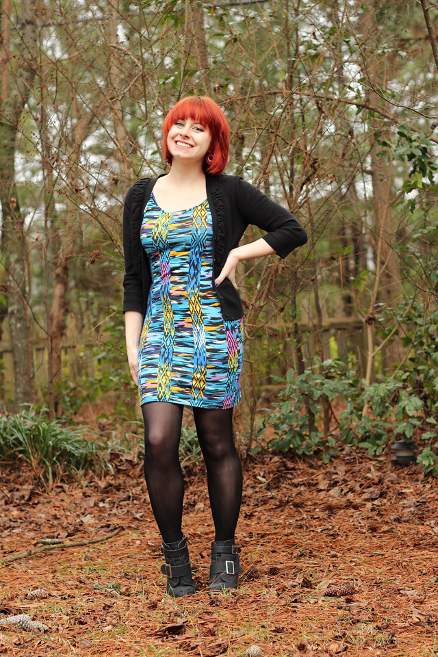 Outfit: Colorful Bodycon Dress, Black Cardigan, and Black Ankle Boots ...