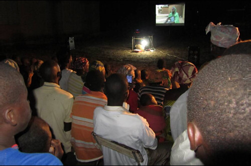 Members of a farming comunity in Sindalla Village, Mali during an evening video show on striga weed control