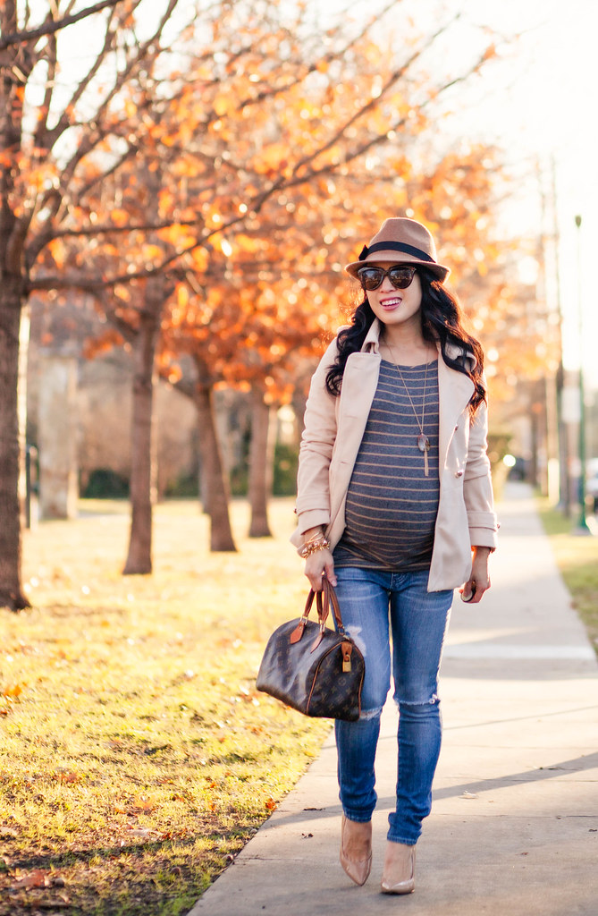 cute & little blog | petite fashion maternity | beige double-breasted peplum coat, gray gray stripes, brown wool fedora, speedy 25, nude pumps | fall winter outfit