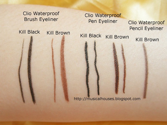 Clio Eyeliners Waterproof Brush, Pen, Pencil Eyeliner Swatches Rub Test