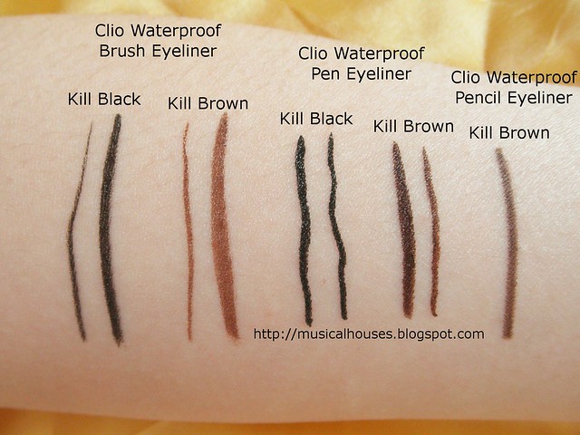 Clio Eyeliners Waterproof Brush, Pen, Pencil Eyeliner Swatches