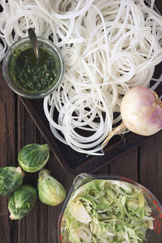 Pesto Turnip Noodles with Brussels Sprouts