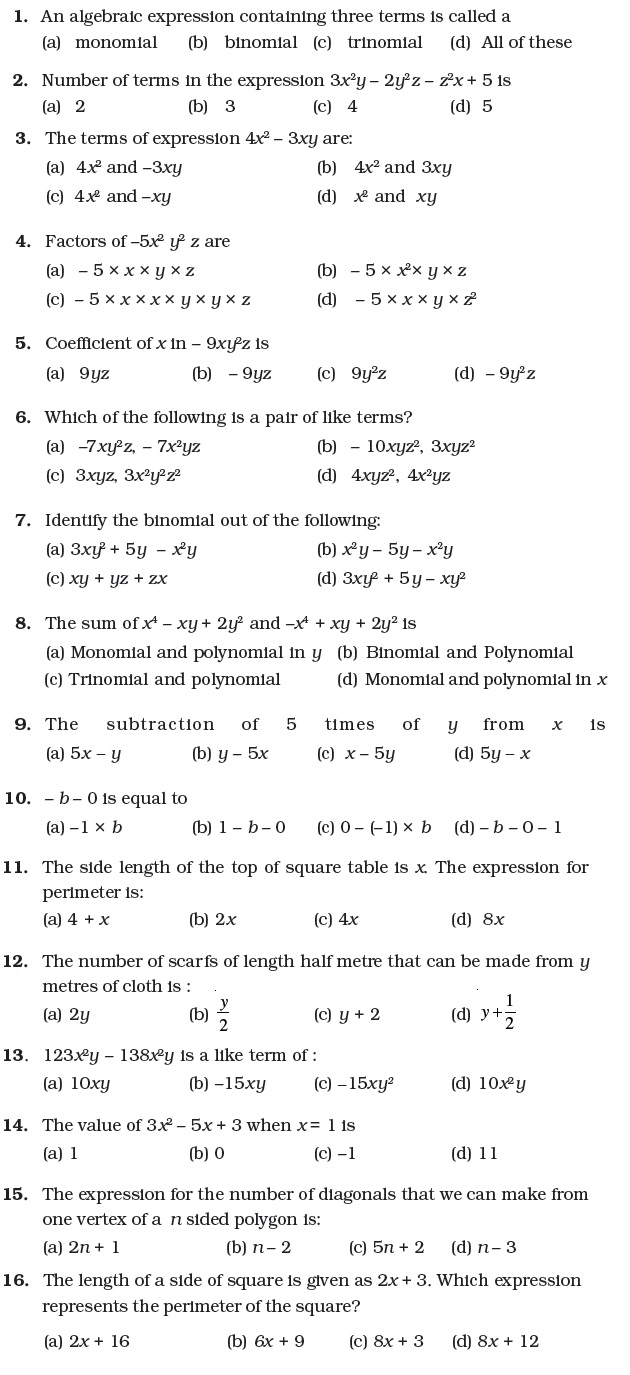 Class 7 Important Questions for Maths – Algebraic Expressions