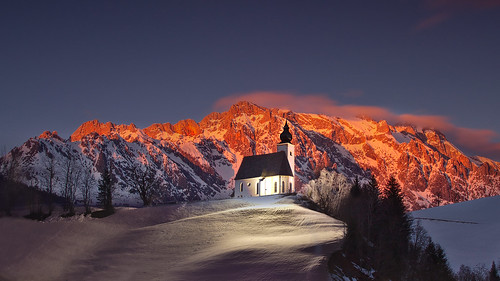winter sunset mountain snow church hochkönig dienten