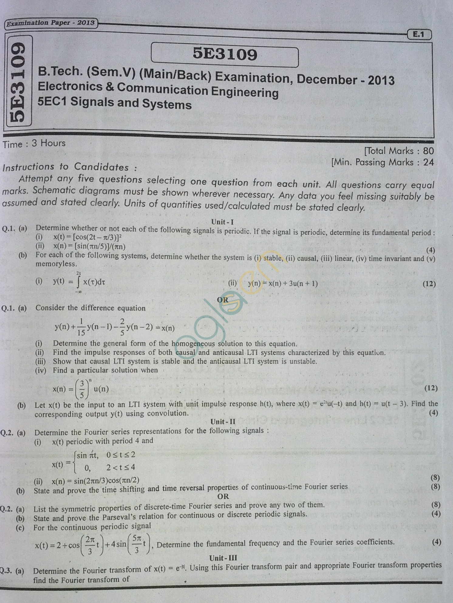 RTU: Question Papers 2013 - 5 Semester - EC - 5E3109