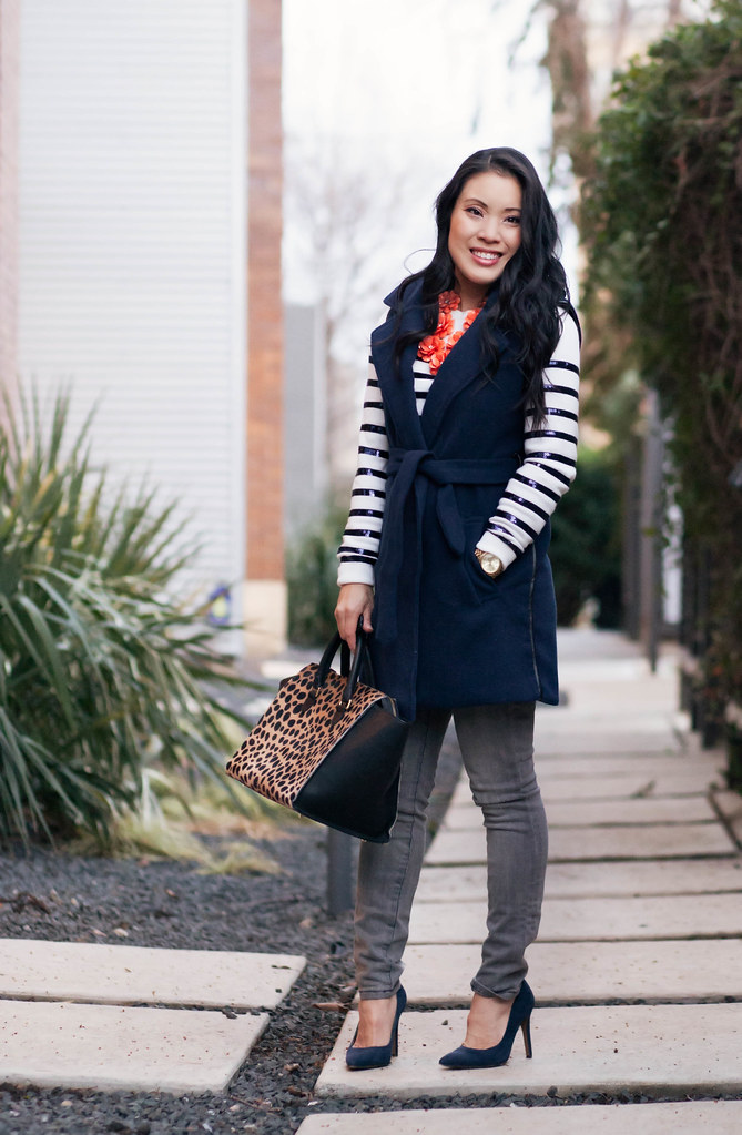 https://cuteandlittle.com | petite fashion blog | navy sleeveless wool trench, sequin stripe sweater, gray jeans, leopard bag outfit
