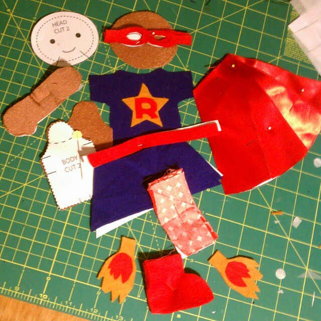 Getting ready to assemble Z's latest doll scheme, Super Ruby, a curly-haired superhero with flaming rocket boots. #sewingforkids #sewing #dollmaking #dolls #sewingwithkids