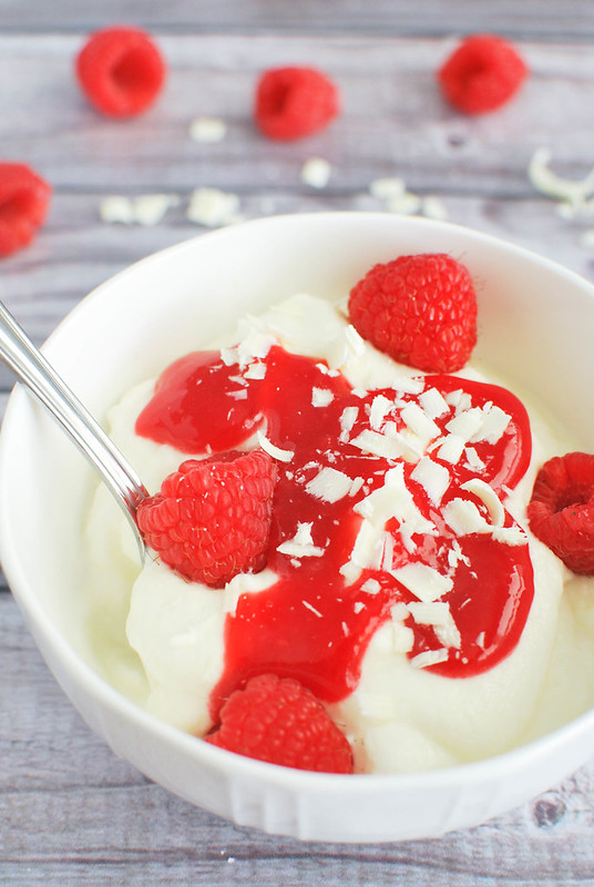 White Chocolate Mousse with Raspberry Sauce - rich and creamy mousse topped with an easy raspberry sauce. How perfect for Valentine's Day!