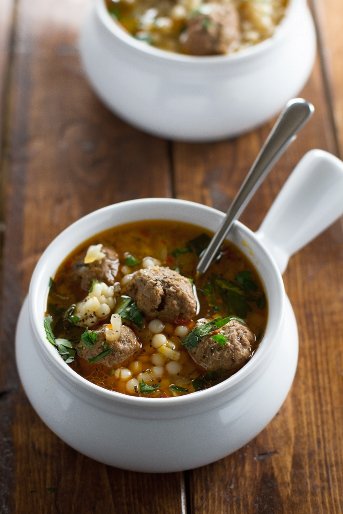 Moroccan Meatball and Couscous Soup - Loaded with tiny meatballs and pearl couscous, this soup is so flavorful! #meatball #meatballsoup #moroccan #couscous | Littlespicejar.com