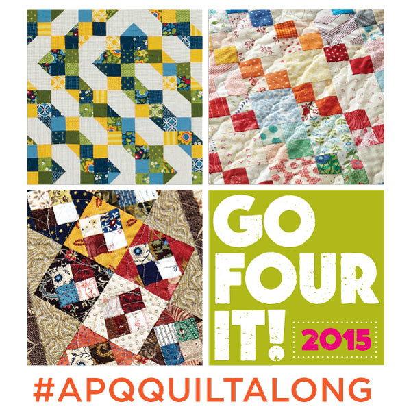 American Patchwork & Quilting APQ Quilt Along April 2015 "Go Four It." Choose from Rainbow Rows by Lissa Alexander, Buried Treasure by April Rosenthal, or Scraptacular by Edyta Sitar.