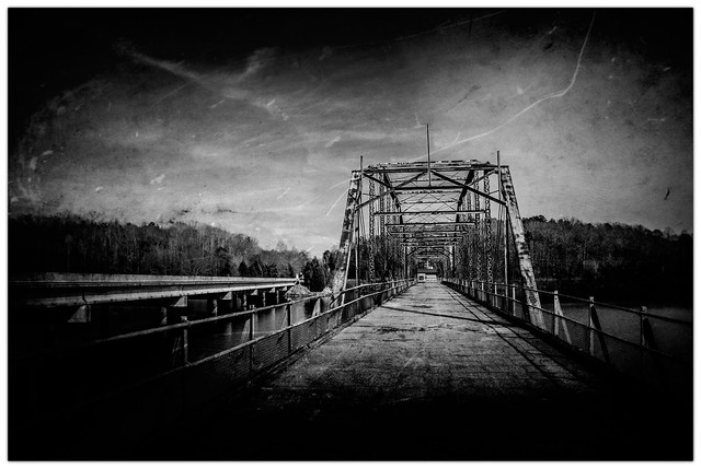 Old Parkers Ferry Bridge Creased B&W photo