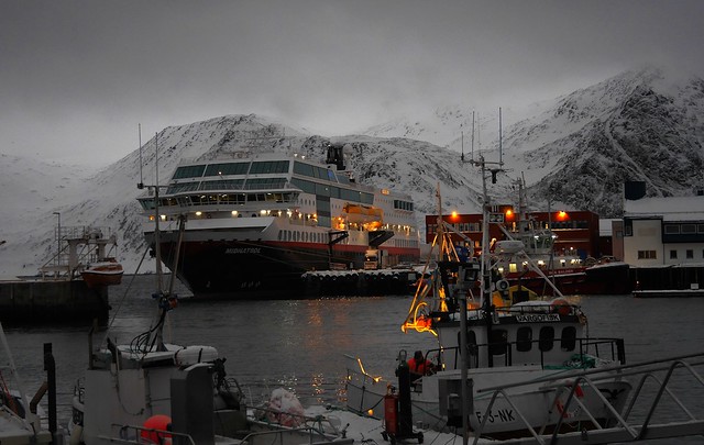 The coastal express at harbor in Honningsvag by North Cape, Norway arctic
