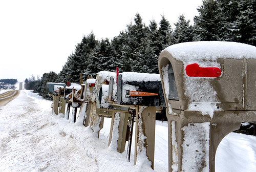 road winter snow mailbox rural mail salt row dirty spray postal