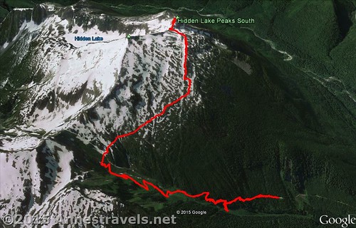 Visual trail map of the Hidden Lake Lookout Trail - north is down - Mount Baker-Snoqualmie National Forest and North Cascades National Park, Washington