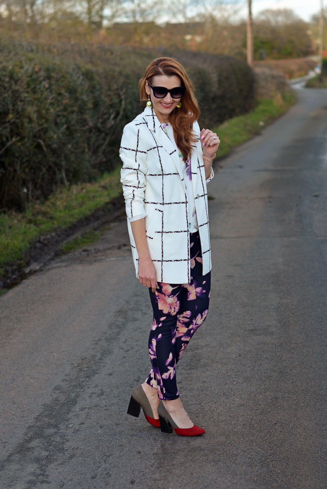 Spring style: White check coat with floral top and leggings